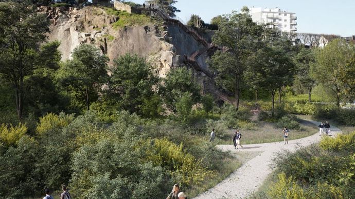 Perspective 3D de la partie ouest du jardin. En parallèle de ce jardin extraordinaire, un mur d’escalade (30 voies d’escalade, tous niveaux) sera aménagé dès 2019 sur la falaise de la partie Est de la carrière. © Phytolab